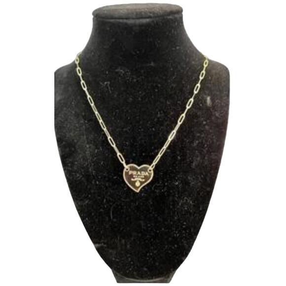 Prada Milano Gold Heart Logo Patch Pendant with Paperclip Necklace (PRXX030) - Picture 1 of 5